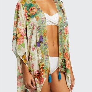 Rare Johnny Was Holly Sheer Floral & Butterfly Garden Silk Kimono